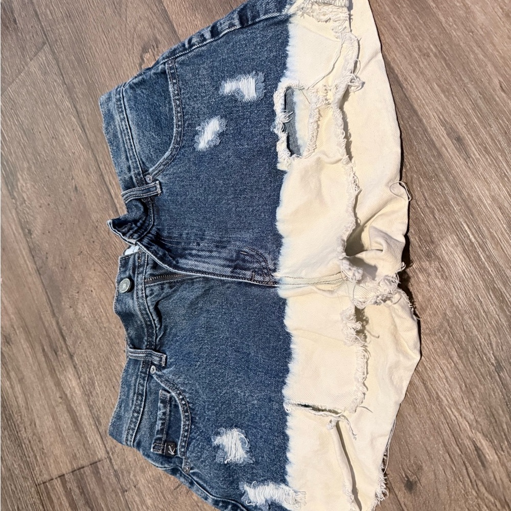 KanCan Two-Tone Blue and Cream Distressed Denim Shorts